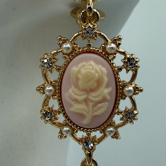 Marchesa Elegant Gold Cameo Rose Drop Earrings w/ Pearls & Crystals - Picture 12 of 16